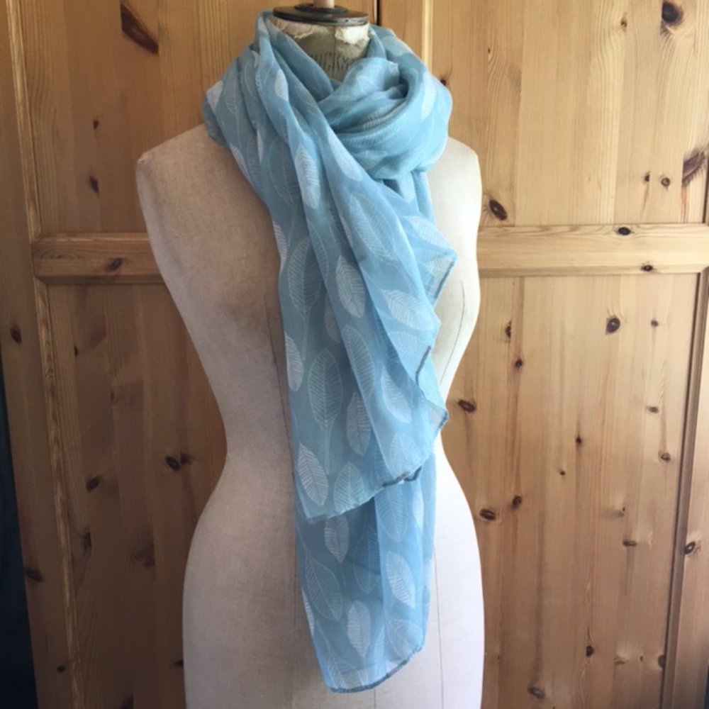 Soft Lightweight Blue Scarf with Leaf Pattern 37" x 72"